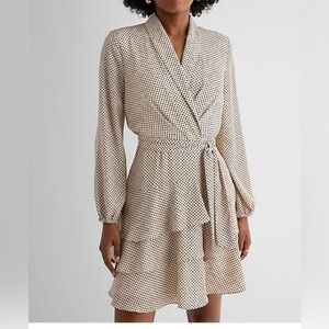 NWT Express Polka Dot Collared Long Sleeve Tie Waist Tiered Mini Dress